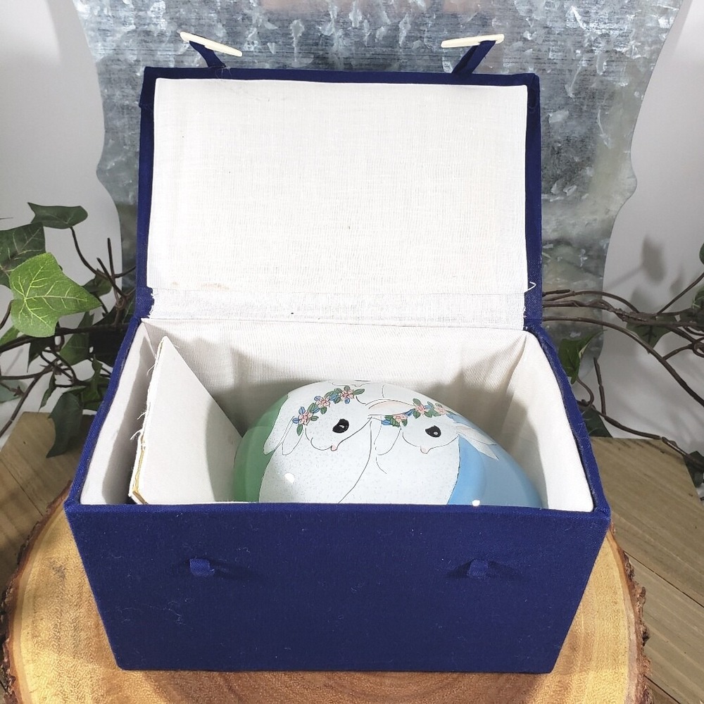 Vintage Hand Painted Frosted Glass Bunny Egg with Stand‎ and Padded Box Easter